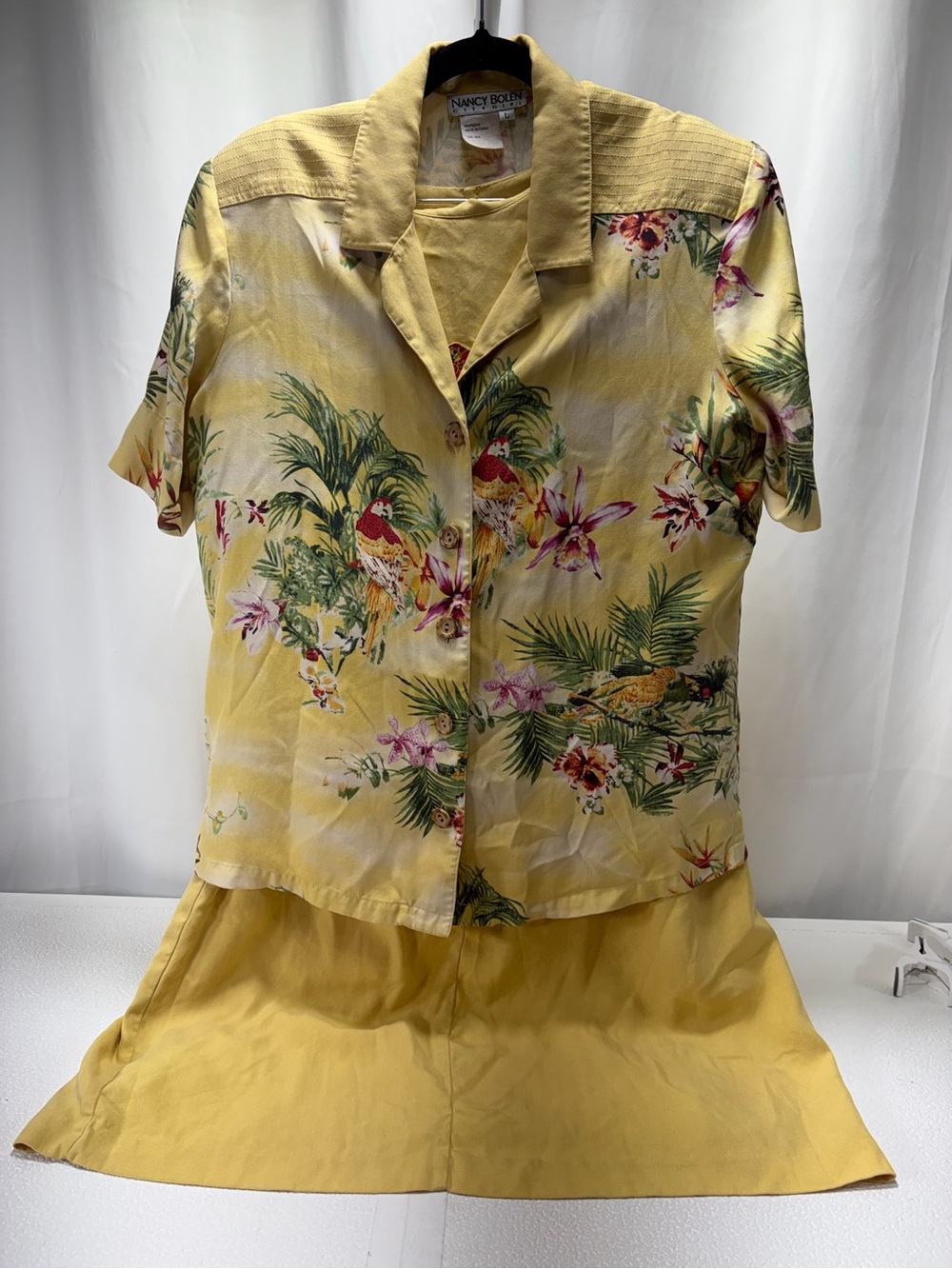 Nancy Bolen Yellow Tropical Button-Front Shirt Dress 3 piece set 100% silk 4352